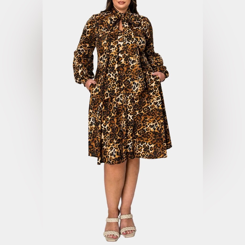NWT LIVD Zayleigh Leopard Print Tie Neck Long Sleeve Dress Size 3X
